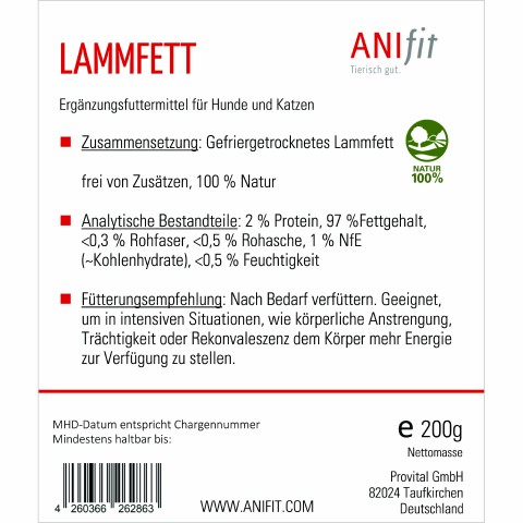 Hond Kat Accessories B.A.R.F. Voedingssupplementen Lamsvet 200g 1 Pak -3- Anifit